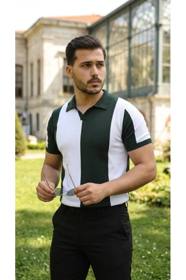 Bidebuvar Erkek Kısa Kollu Polo Yakalı Blok Desenli Triko Bluz