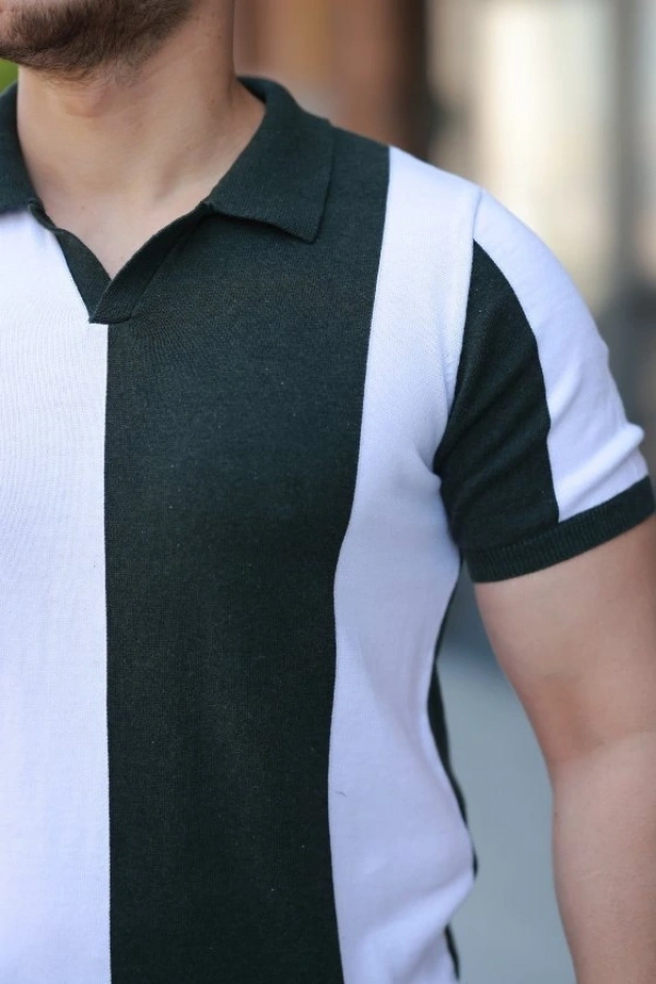Bidebuvar Erkek Kısa Kollu Polo Yakalı Blok Desenli Triko Bluz