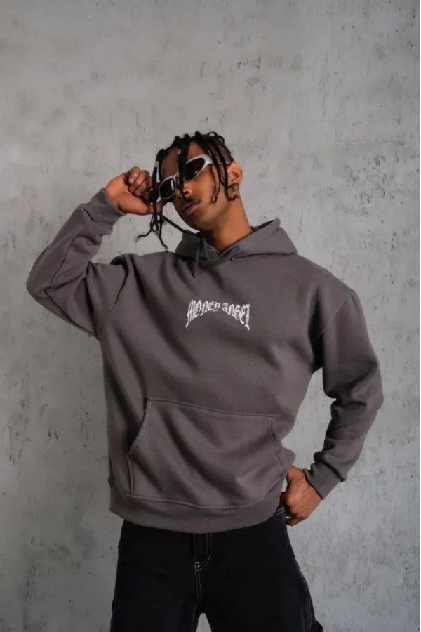 Bidebuvar Erkek Kordon İpli Baskılı Kapüşonlu Sweatshirt - Füme