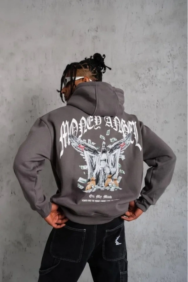 Bidebuvar Erkek Kordon İpli Baskılı Kapüşonlu Sweatshirt - Füme