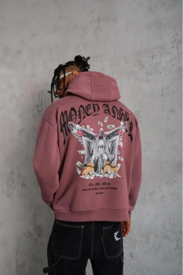 Bidebuvar Erkek Kordon İpli Baskılı Kapüşonlu Sweatshirt - Gül Kurusu