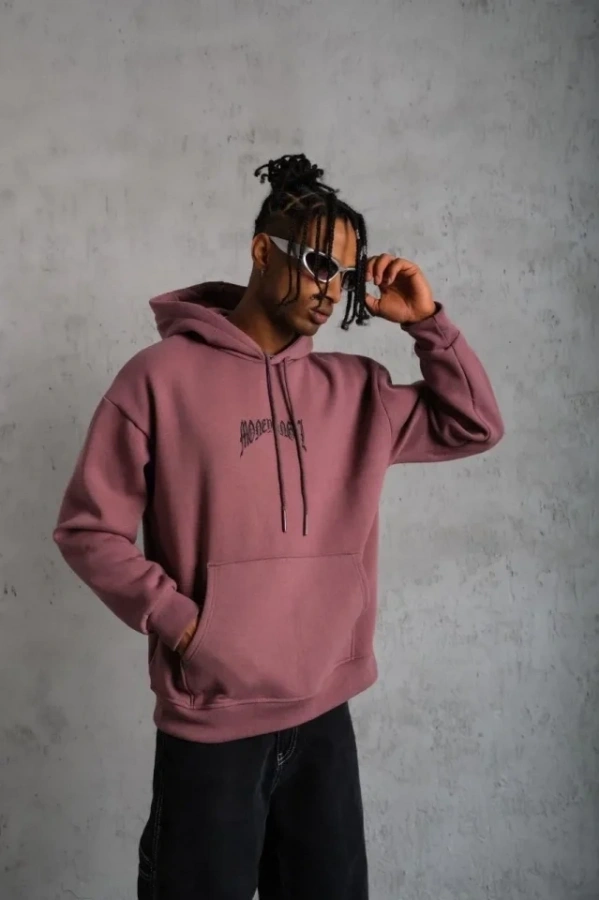 Bidebuvar Erkek Kordon İpli Baskılı Kapüşonlu Sweatshirt - Gül Kurusu