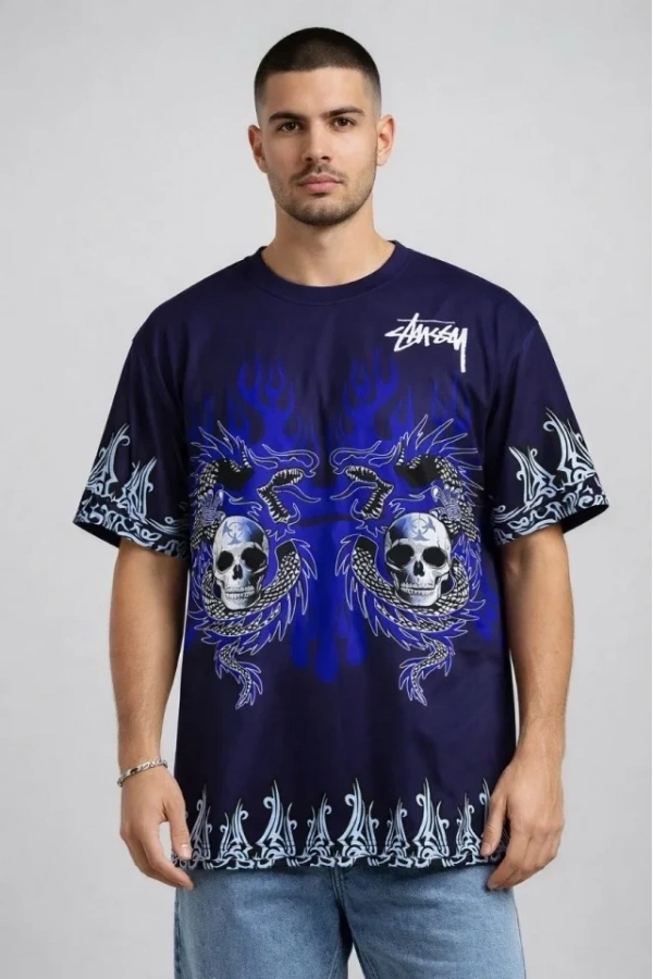 Bidebuvar Erkek Lacivert Oversize Tişört Dragon - Kuru Kafa Baskılı Bisiklet Yaka Streetwear T-Shirt - Lacivert