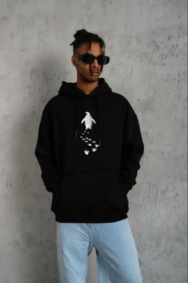 Bidebuvar Erkek Nihilist Penguen Temalı Oversize Kapüşonlu Sweatshirt - Siyah