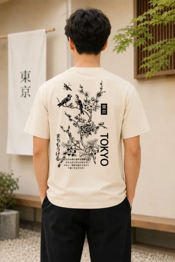 Bidebuvar Erkek Ön Ve Arka Tokyo Kuş Çiçek Baskılı Oversize T-Shirt - Ekru