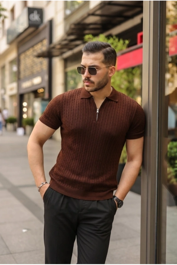Bidebuvar Erkek Örgü Desen Fermuar Yakalı Triko Tişört