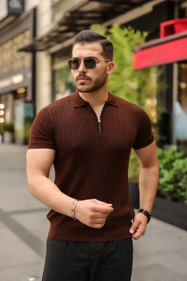 Bidebuvar Erkek Örgü Desen Fermuar Yakalı Triko Tişört