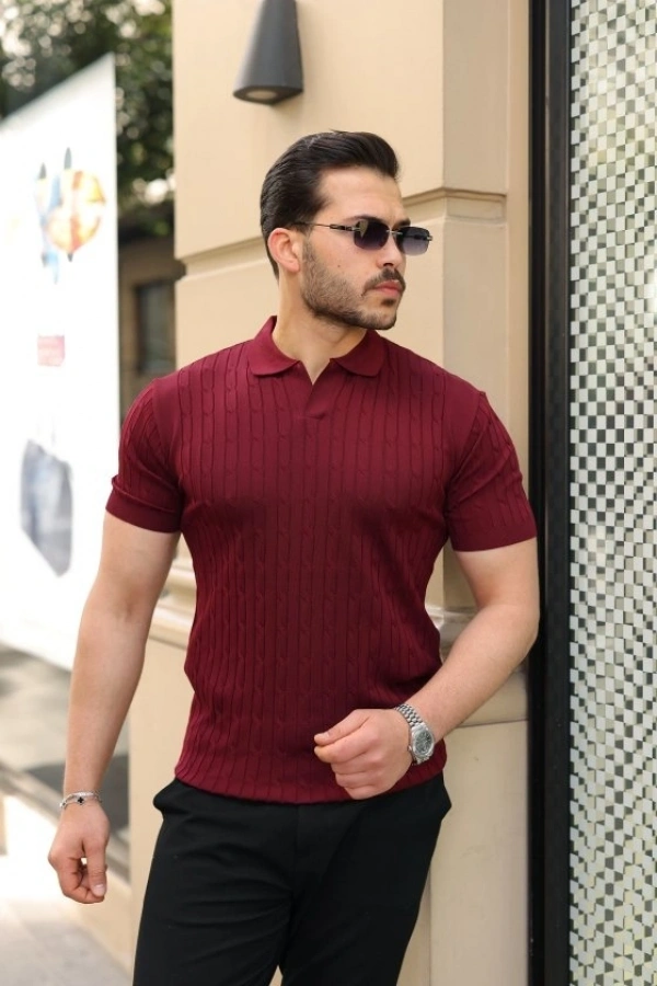 Bidebuvar Erkek Örgü Desen Yakalı Kısa Kollu Triko Tişört