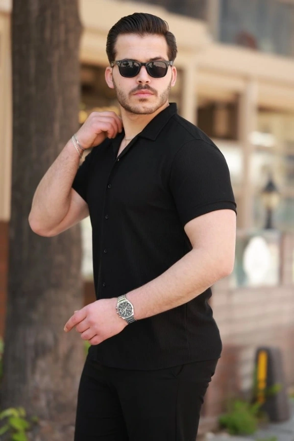 Bidebuvar Erkek Ottoman Kumaş Apaj Yaka Kısa Kollu Gömlek