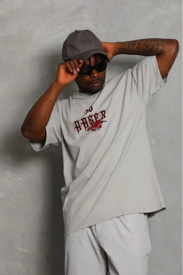 Bidebuvar ERKEK Oversize Baskılı Bisiklet Yaka T-Shirt - Gri