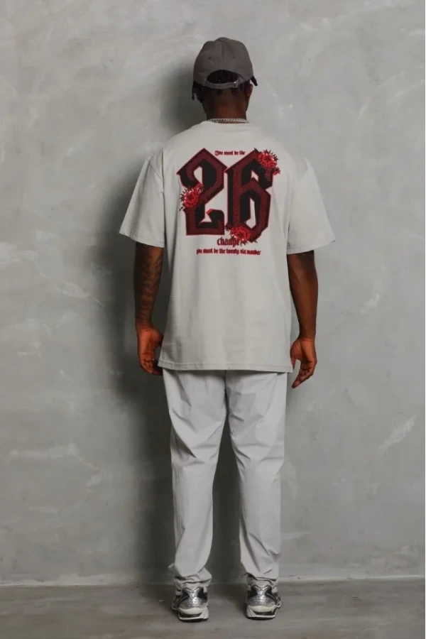 Bidebuvar ERKEK Oversize Baskılı Bisiklet Yaka T-Shirt - Gri