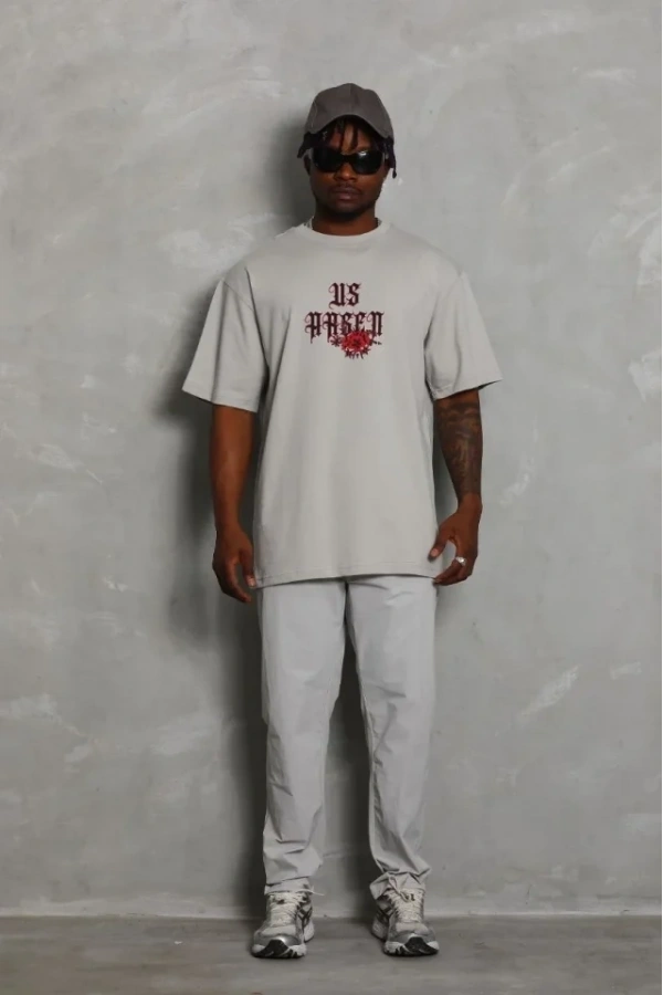 Bidebuvar ERKEK Oversize Baskılı Bisiklet Yaka T-Shirt - Gri