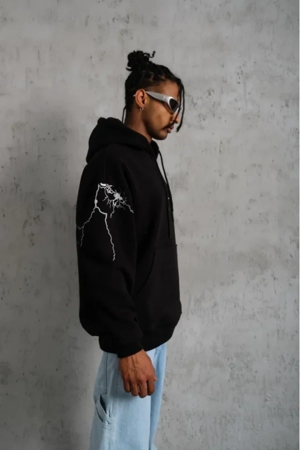 Bidebuvar Erkek Oversize Üç İplik Kapüşonlu Sweatshirt – Siyah “Don’t Be Terrified” Ön, Sırt Ve Kol Baskılı, Kanguru Cepli, Ribanalı Rahat Model- Siyah