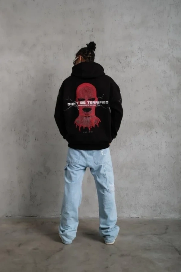 Bidebuvar Erkek Oversize Üç İplik Kapüşonlu Sweatshirt – Siyah “Don’t Be Terrified” Ön, Sırt Ve Kol Baskılı, Kanguru Cepli, Ribanalı Rahat Model- Siyah