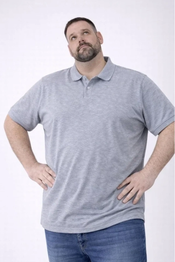 Bidebuvar Erkek Pike Kumaş Düğmeli Yaka Battal Büyük Beden Günlük Kısa Kol Tişört T-shirt - Gri