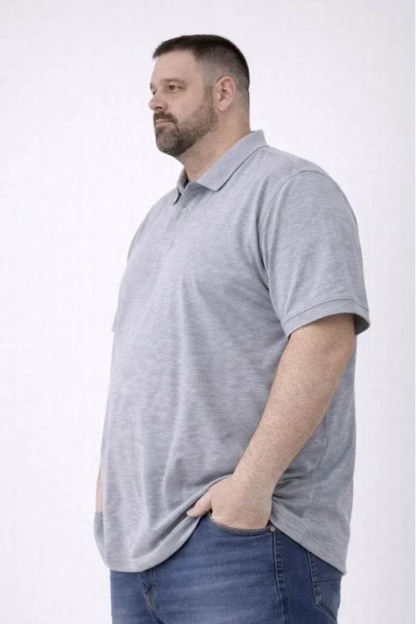 Bidebuvar Erkek Pike Kumaş Düğmeli Yaka Battal Büyük Beden Günlük Kısa Kol Tişört T-shirt - Gri