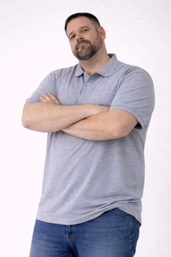 Bidebuvar Erkek Pike Kumaş Düğmeli Yaka Battal Büyük Beden Günlük Kısa Kol Tişört T-shirt - Gri