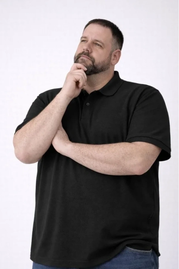 Bidebuvar Erkek Pike Kumaş Düğmeli Yaka Battal Büyük Beden Günlük Kısa Kol Tişört T-shirt - Siyah