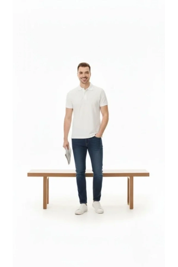 Bidebuvar Erkek Pike Kumaş Düğmeli Yaka Regular Fit Günlük Kısa Kol Tişört T-shirt - Beyaz