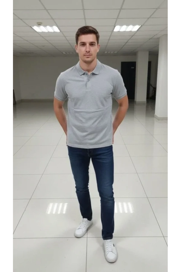 Bidebuvar Erkek Pike Kumaş Düğmeli Yaka Regular Fit Günlük Kısa Kol Tişört T-shirt - Gri