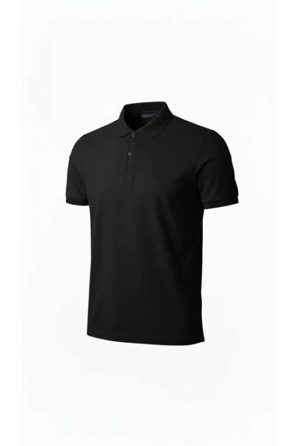 Bidebuvar Erkek Pike Kumaş Düğmeli Yaka Regular Fit Günlük Kısa Kol Tişört T-shirt - Siyah