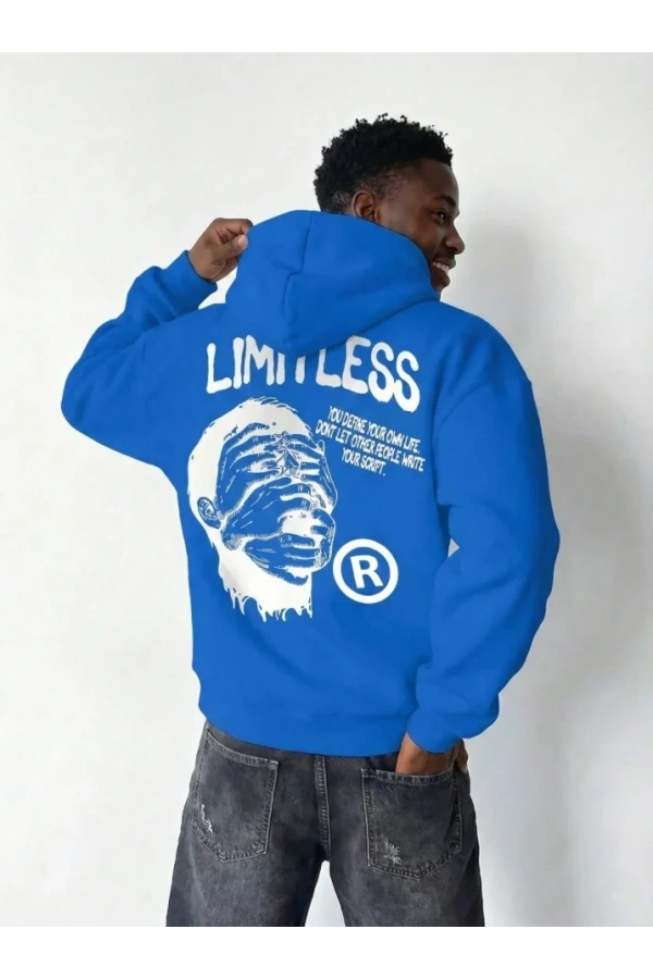 Bidebuvar Erkek Premium Baskılı Kapşonlu Sweatshirt Üç İplik İçi Pamuklu Kanguru Cepli Double Oversize Rahat Kalıp Hoodie - Saks Mavi