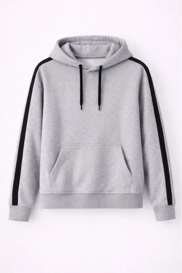 Bidebuvar Erkek Şeritli Kapüşonlu Sweatshirt Oversize 3 Iplik Pamuklu - Gri