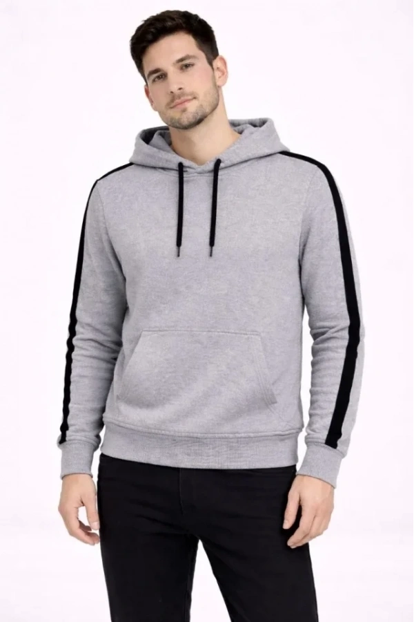 Bidebuvar Erkek Şeritli Kapüşonlu Sweatshirt Oversize 3 Iplik Pamuklu - Gri