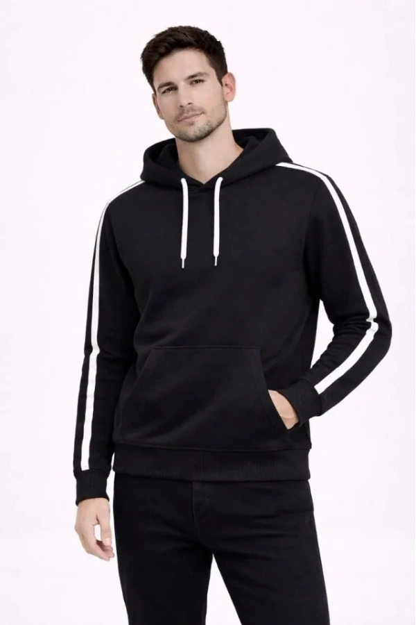 Bidebuvar Erkek Şeritli Kapüşonlu Sweatshirt Oversize 3 Iplik Pamuklu - Siyah