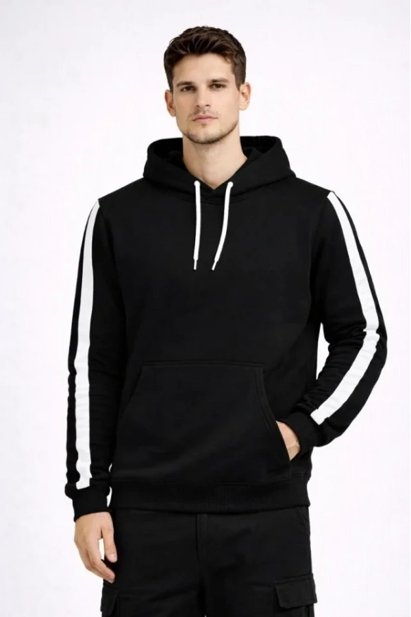 Bidebuvar Erkek Şeritli Kapüşonlu Sweatshirt Oversize 3 Iplik Pamuklu - Siyah
