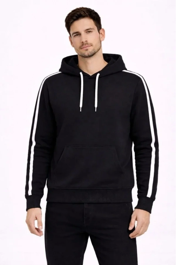 Bidebuvar Erkek Şeritli Kapüşonlu Sweatshirt Oversize 3 Iplik Pamuklu - Siyah