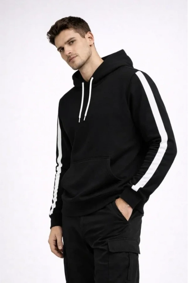 Bidebuvar Erkek Şeritli Kapüşonlu Sweatshirt Oversize 3 Iplik Pamuklu - Siyah