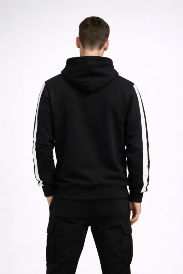 Bidebuvar Erkek Şeritli Kapüşonlu Sweatshirt Oversize 3 Iplik Pamuklu - Siyah