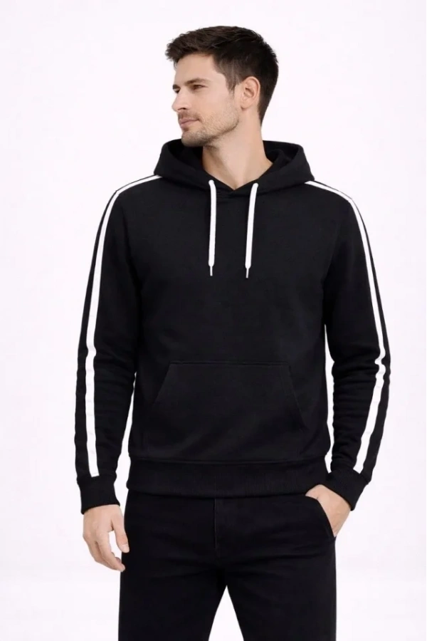 Bidebuvar Erkek Şeritli Kapüşonlu Sweatshirt Oversize 3 Iplik Pamuklu - Siyah