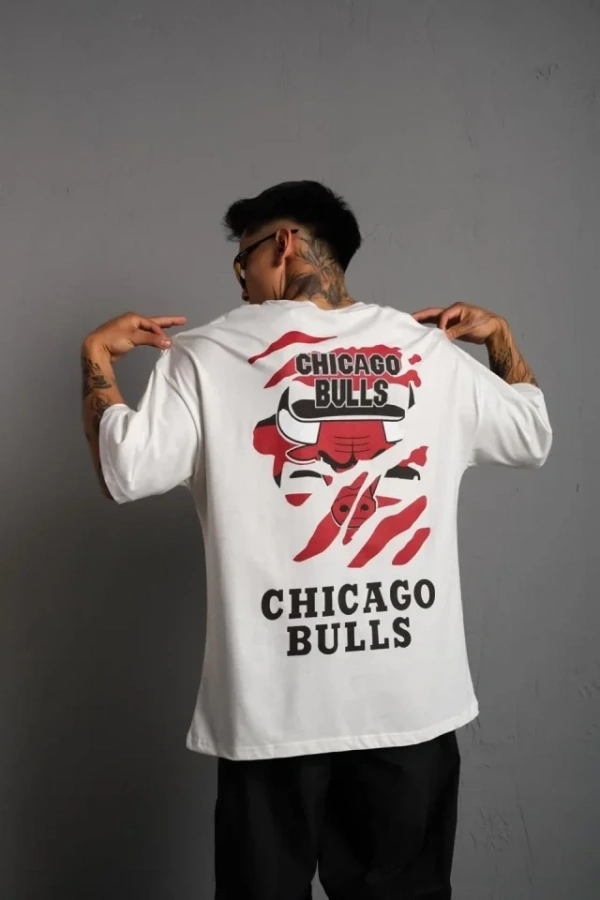 Bidebuvar Erkek Sırt Baskılı A Kalite Oversize T-shirt - Beyaz