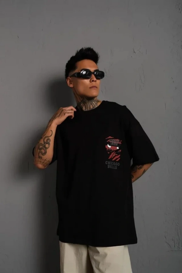 Bidebuvar Erkek Sırt Baskılı A Kalite Oversize T-shirt - Siyah