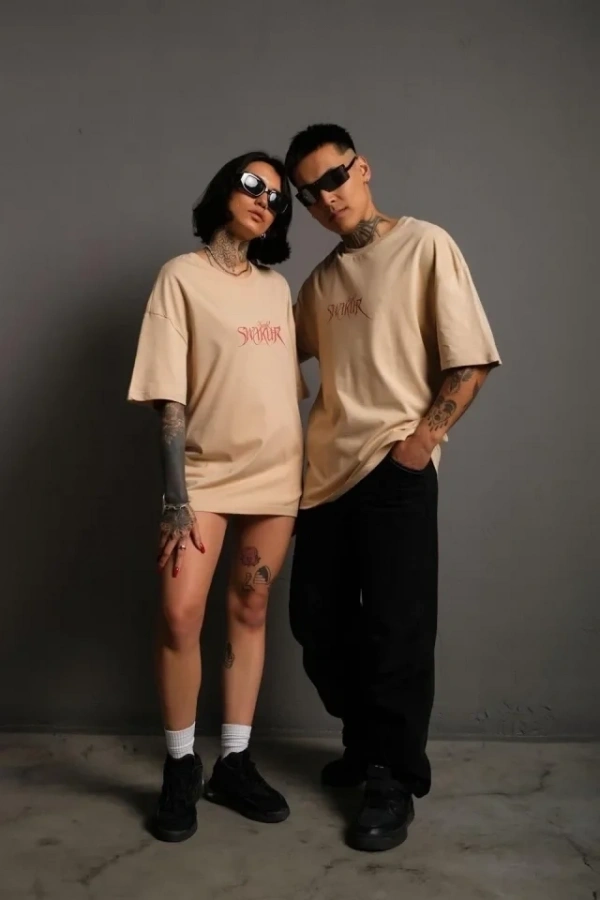 Bidebuvar Erkek Sırt Baskılı Oversize T-shirt - Bej