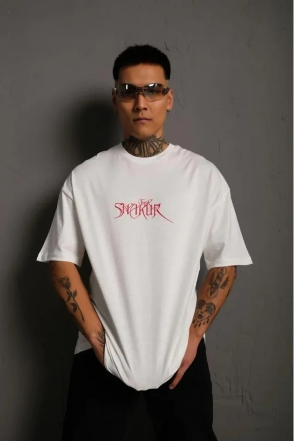 Bidebuvar Erkek Sırt Baskılı Oversize T-Shirt - Beyaz