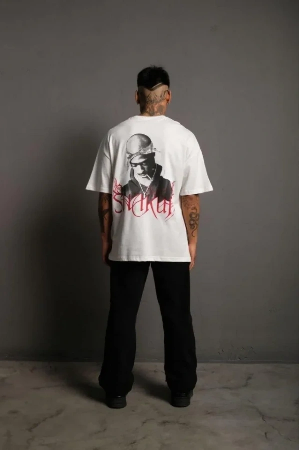 Bidebuvar Erkek Sırt Baskılı Oversize T-Shirt - Beyaz