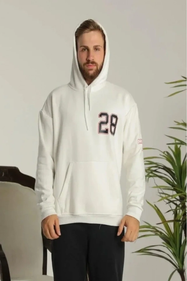 Bidebuvar Erkek Sırt Baskılı Oversize Üç İplik Kapüşonlu Sweatshirt - Beyaz