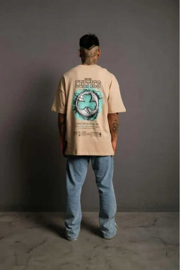 Bidebuvar Erkek Sırt Baskılı T-shirt - Bej