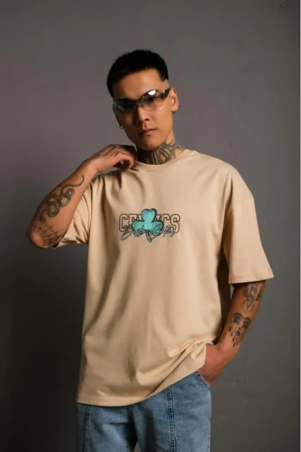 Bidebuvar Erkek Sırt Baskılı T-shirt - Bej