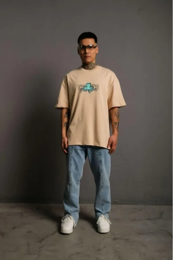 Bidebuvar Erkek Sırt Baskılı T-shirt - Bej