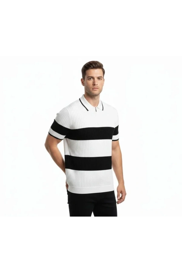Bidebuvar Erkek T-shirt Çizgili Triko Dokuma Kumaş Polo Yaka Yarım Fermuarlı Regular Kalıp Tişört - Beyaz