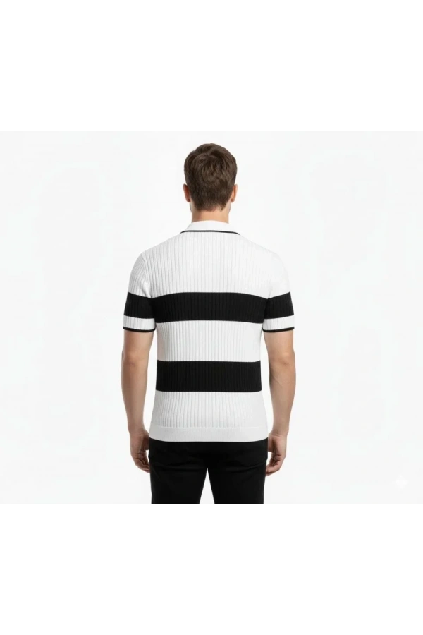 Bidebuvar Erkek T-shirt Çizgili Triko Dokuma Kumaş Polo Yaka Yarım Fermuarlı Regular Kalıp Tişört - Beyaz