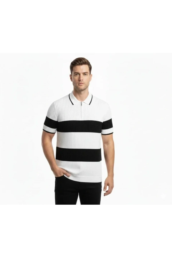 Bidebuvar Erkek T-shirt Çizgili Triko Dokuma Kumaş Polo Yaka Yarım Fermuarlı Regular Kalıp Tişört - Beyaz