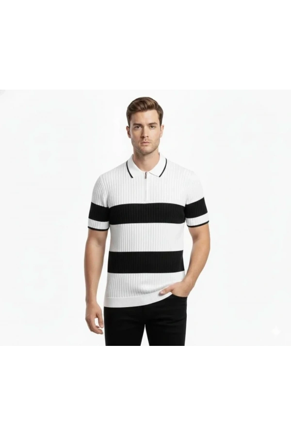 Bidebuvar Erkek T-shirt Çizgili Triko Dokuma Kumaş Polo Yaka Yarım Fermuarlı Regular Kalıp Tişört - Beyaz