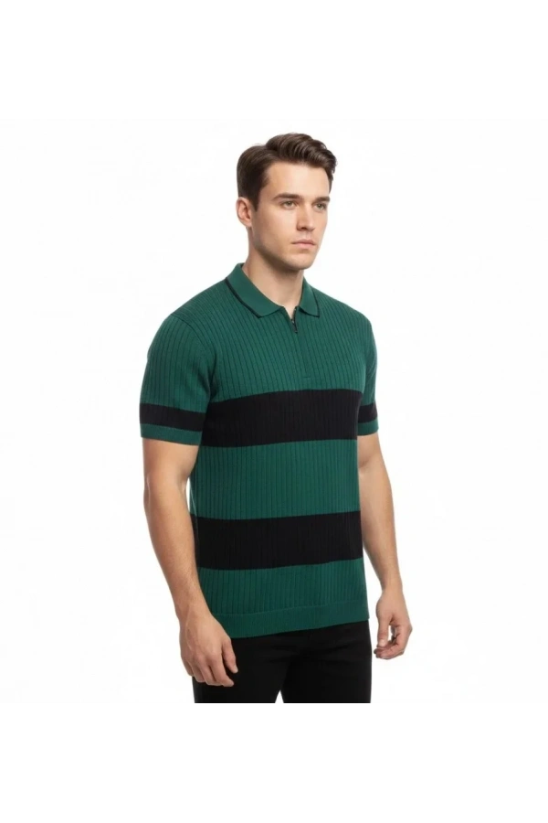 Bidebuvar Erkek T-shirt Çizgili Triko Dokuma Kumaş Polo Yaka Yarım Fermuarlı Regular Kalıp Tişört - Çağla Yeşili