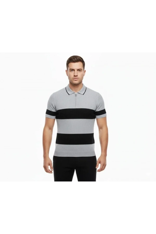 Bidebuvar Erkek T-shirt Çizgili Triko Dokuma Kumaş Polo Yaka Yarım Fermuarlı Regular Kalıp Tişört - Gri