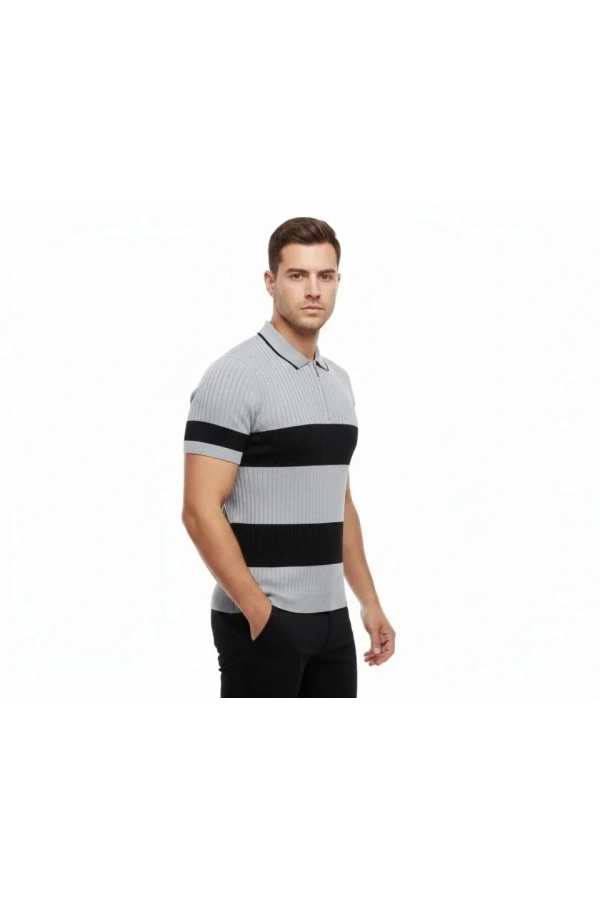 Bidebuvar Erkek T-shirt Çizgili Triko Dokuma Kumaş Polo Yaka Yarım Fermuarlı Regular Kalıp Tişört - Gri